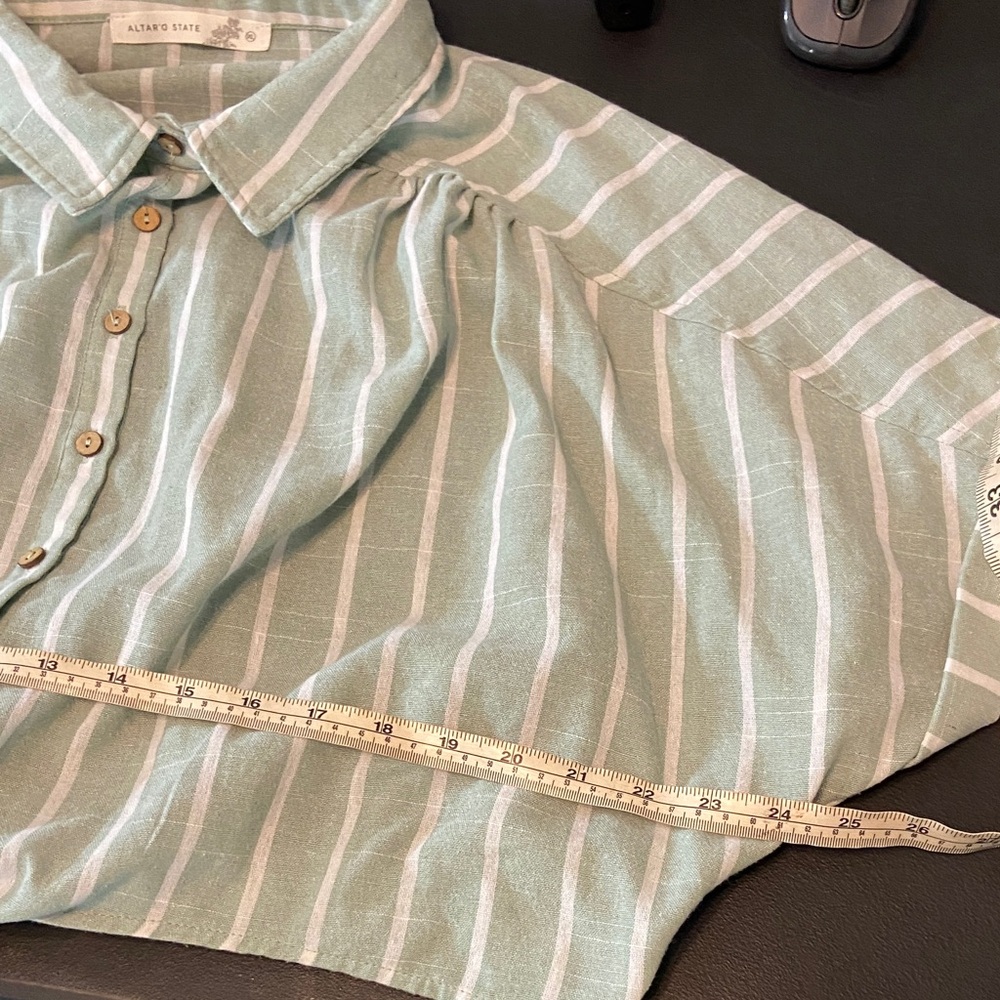 Altar'd State Button Up Down Green White Striped Crop Top Tie XL XLarge collared - Picture 4 of 10